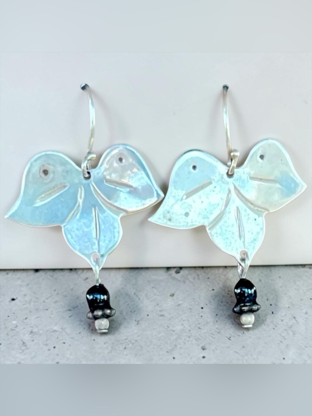 Taxco Silver Leaf and Onyx Bead Drop Earrings Signed 925 Mexico TM-21